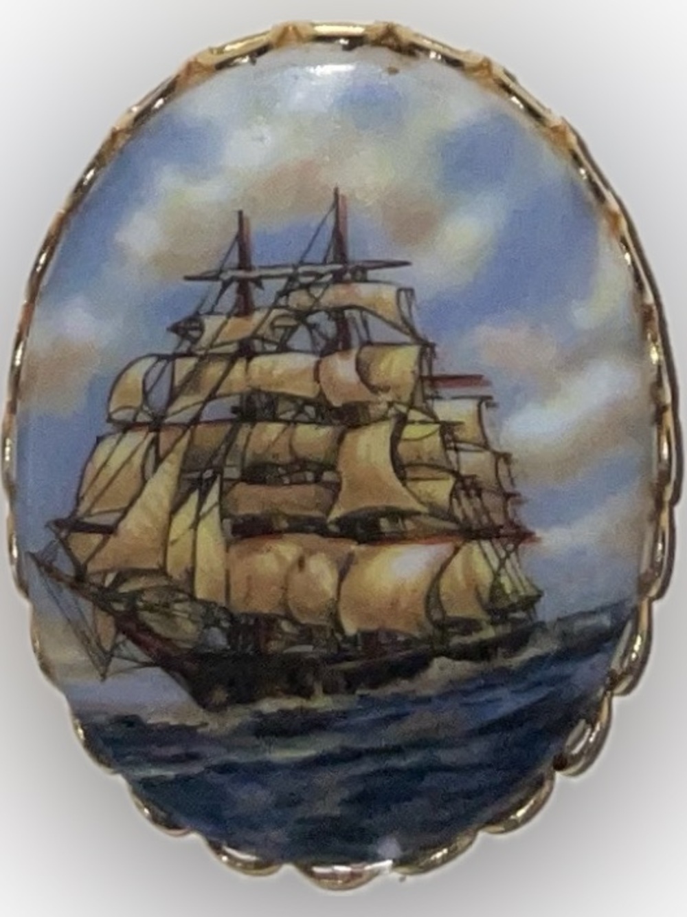 Vintage Hand-Painted Nautical Sailing boat Ship Oval Enamel Cabochon Brooch Pin